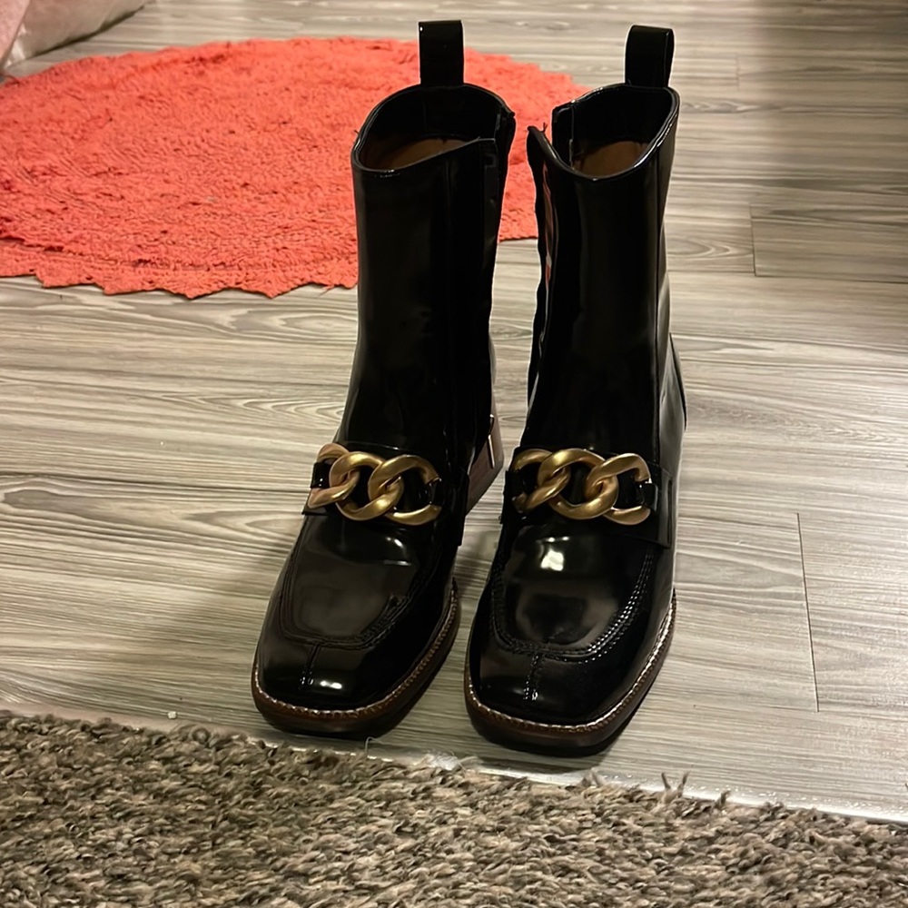 Steve Madden Black Patent Boots with Gold Chain Detail